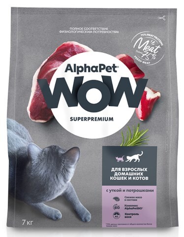 ALPHAPET WOW SUPERPREMIUM 7 кг сухой корм для взрослых домашних кошек и котов с уткой и потрошками