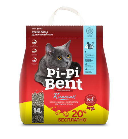 Pi-Pi Bent Classik 5 кг + 1 кг комкующийся наполнитель для кошачьих туалетов из природного бентонита ламинированный крафтовый пакет