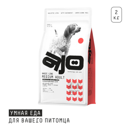 AJO Dog Medium Adult 2 кг сухой полнорационный корм для взрослых собак средних пород говядина с гречкой