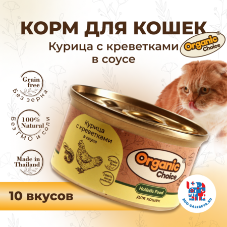 Organic Сhoice Grain Free 70 г консервы курица с креветками в соусе для кошек