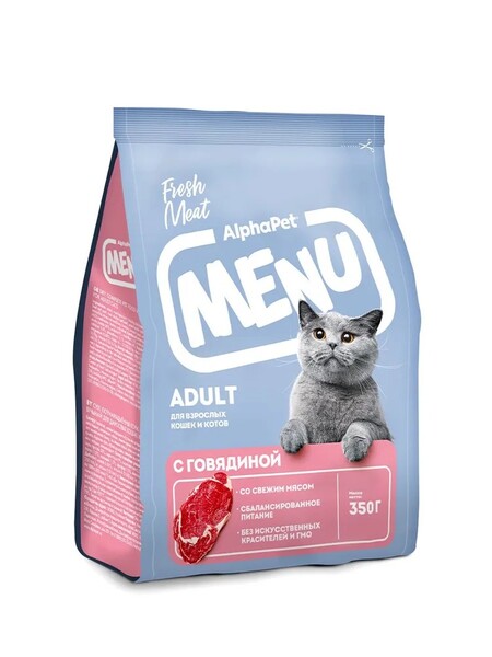 ALPHAPET MENU 350 гр сухой корм для взрослых кошек и котов с говядиной
