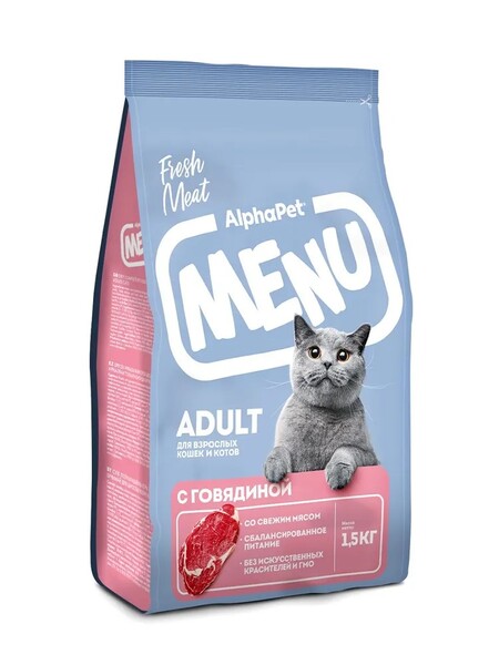ALPHAPET MENU 1,5 кг сухой корм для взрослых кошек и котов с говядиной