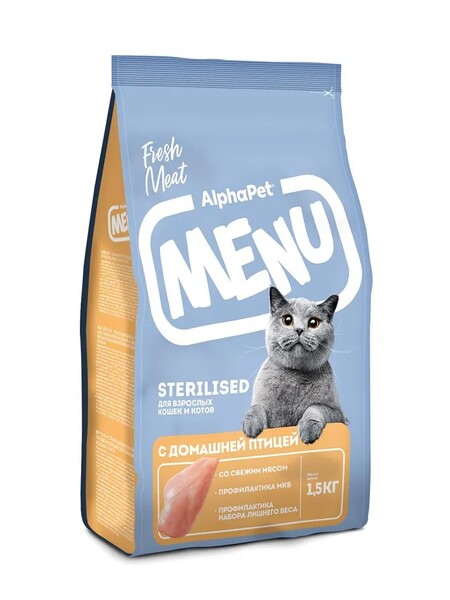 ALPHAPET MENU 1,5 кг сухой корм для взрослых стерилизованных кошек и котов с домашней птицей