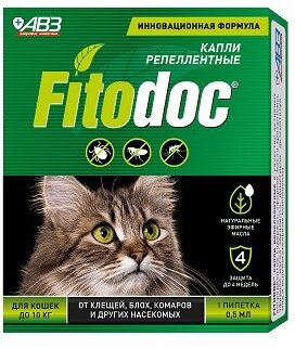 АВЗ FITODOC 1 пипетка по 0.5 мл капли репеллентные для кошек до 10 кг от клещей, блох, комаров и других насекомых