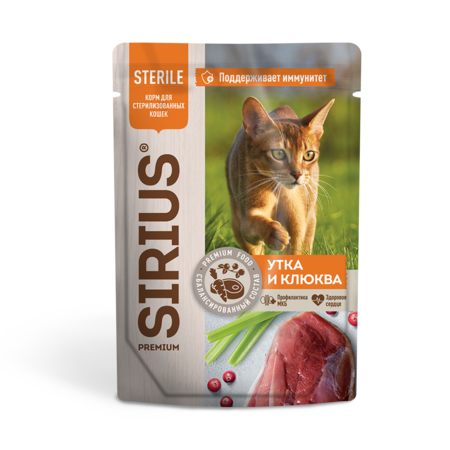 SIRIUS PREMIUM STERILE 85 г пауч полнорационный консервированный корм для для стерилизованных кошек кусочки в соусе утка с клюквой 1х24