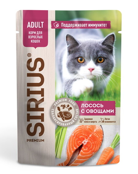 SIRIUS PREMIUM ADULT 85 г пауч полнорационный консервированный корм для взрослых кошек кусочки в соусе лосось с овощами 1х24