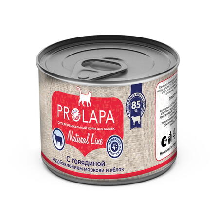 Prolapa Natural Line 200 г консервы для кошек с говядиной, морковью и яблоками 1х6