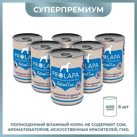 Prolapa Natural Line 6 шт по 400 г консервы для собак с кроликом, гречкой и кабачком