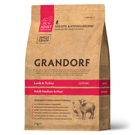 GRANDORF DOG Lamb&Turkey MED&MAXI 3 кг сухой корм для собак средних и крупных пород с ягненком и индейкой