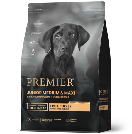 Premier Dog Turkey JUNIOR Medium&Maxi 3 кг сухой корм для юниоров средних и крупных пород свежее мясо индейки