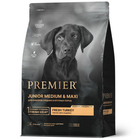 Premier Dog Turkey JUNIOR Medium&Maxi 10 кг сухой корм для юниоров средних и крупных пород свежее мясо индейки