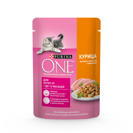 Purina ONE 75 г влажный корм для котят в соусе с курицей и морковью