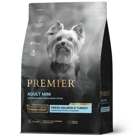 Premier Dog Salmon&Turkey ADULT Mini 1 кг сухой корм для собак мелких пород свежее филе лосося с индейкой