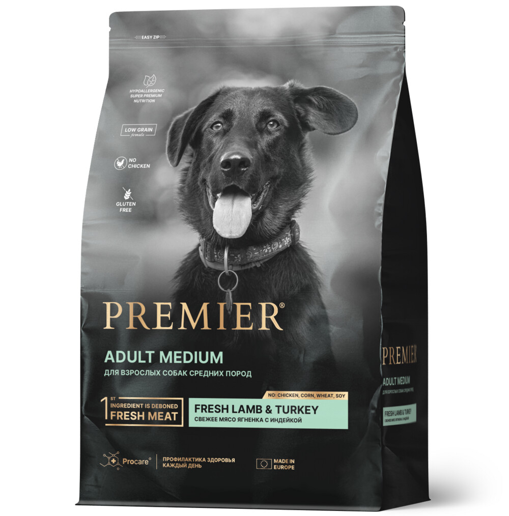 Premier Dog Lamb&Turkey ADULT Medium 3 кг сухой корм для собак средних пород свежее мясо ягненка с индейкой