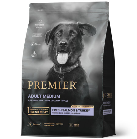 Premier Dog Salmon&Turkey ADULT Medium 1 кг сухой корм для собак средних пород свежее филе лосося с индейкой