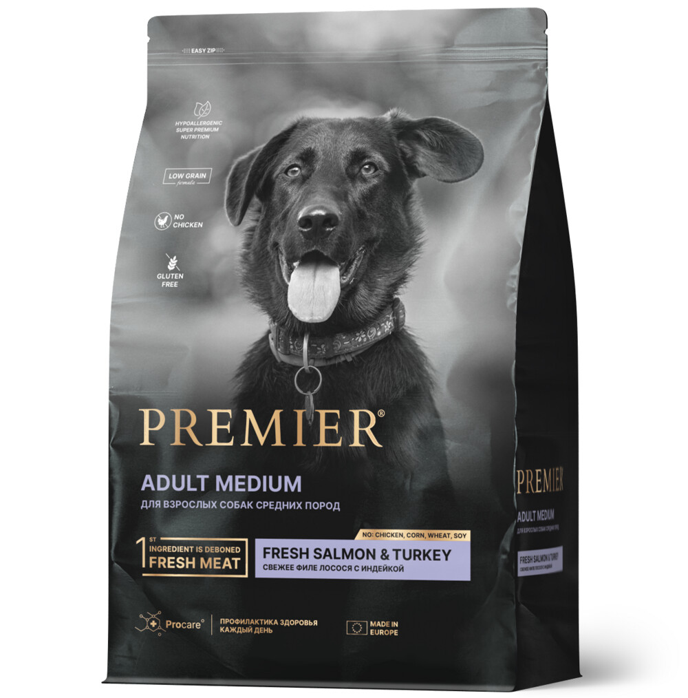 Premier Dog Salmon&Turkey ADULT Medium 3 кг сухой корм для собак средних пород свежее филе лосося с индейкой