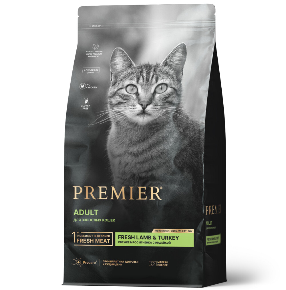 Premier Cat Lamb&Turkey ADULT 400 г сухой корм для кошек свежее мясо ягненка с индейкой