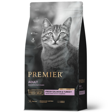 Premier Cat Salmon&Turkey ADULT 400 г сухой корм для кошек свежее филе лосося с индейкой