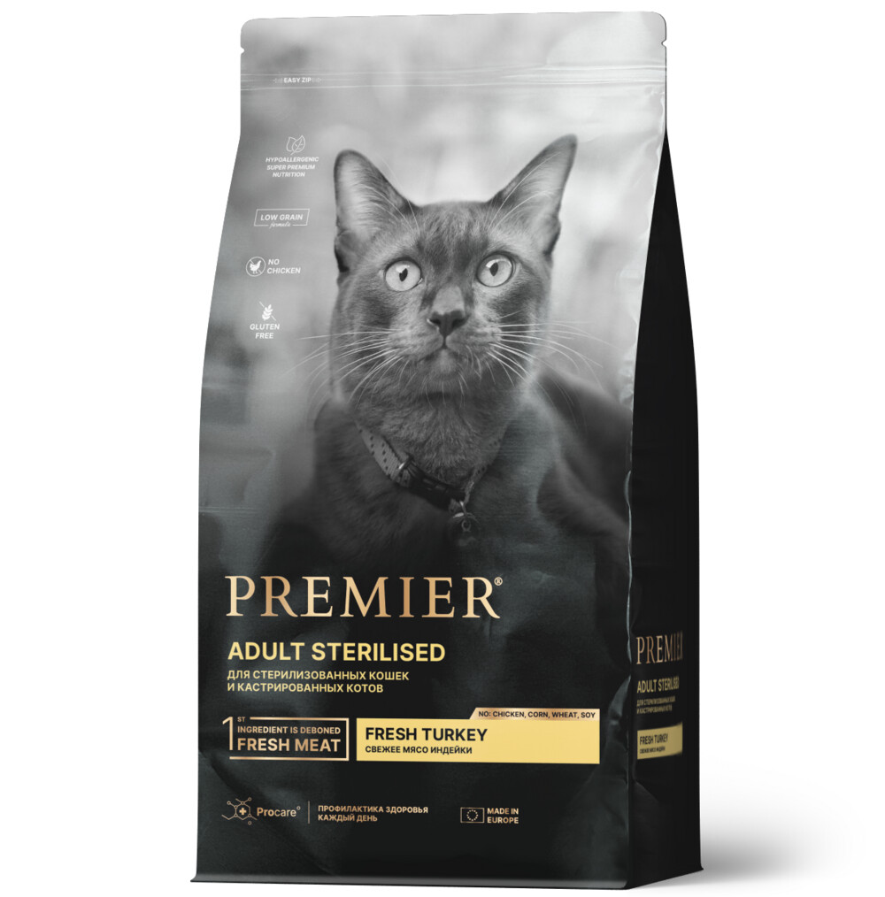 Premier Cat Turkey STERILISED 400 г сухой корм для кошек свежее мясо индейки