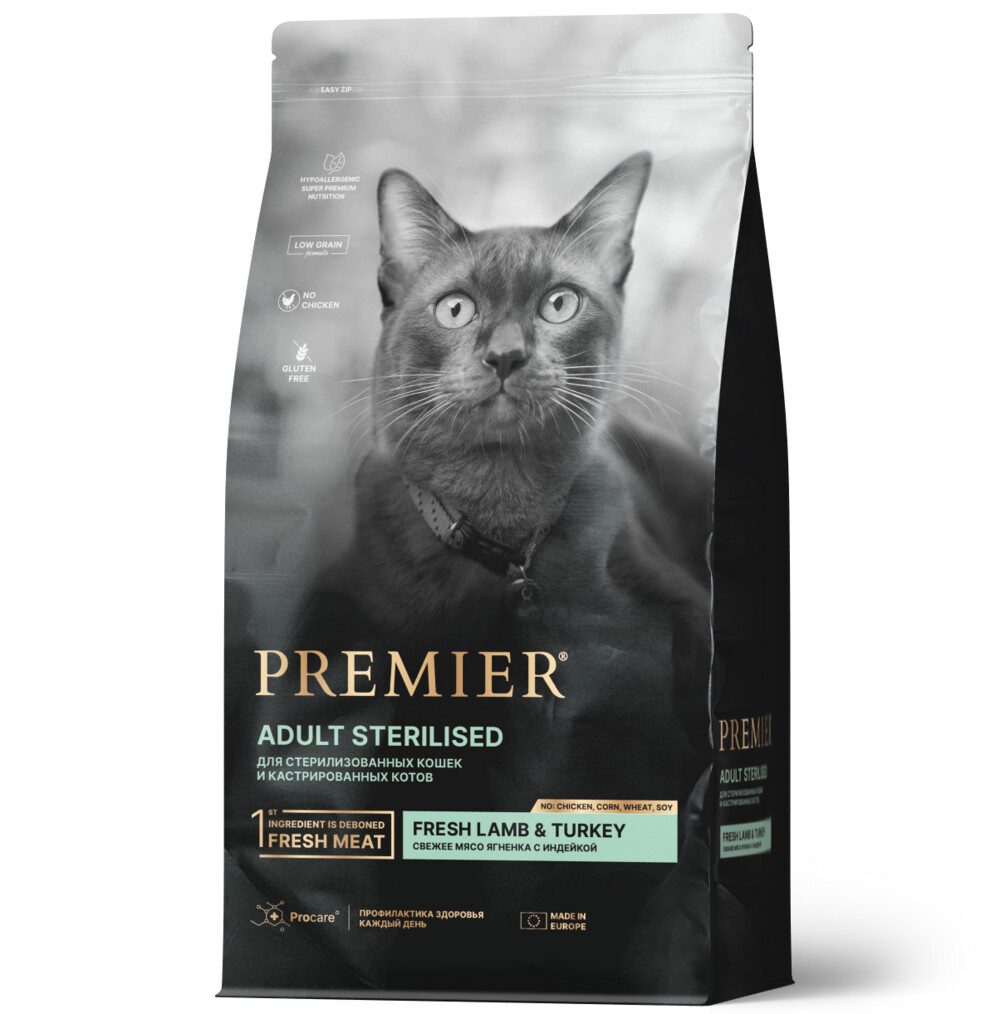 Premier Cat Lamb&Turkey STERILISED 400 г сухой корм для кошек свежее мясо ягненка с индейкой