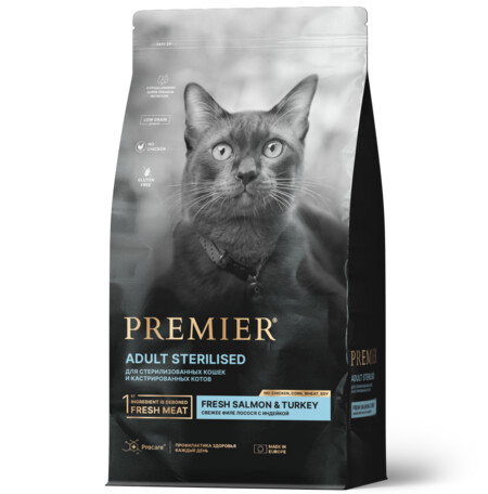 Premier Cat Salmon&Turkey STERILISED 400 г сухой корм для кошек свежее филе лосося с индейкой