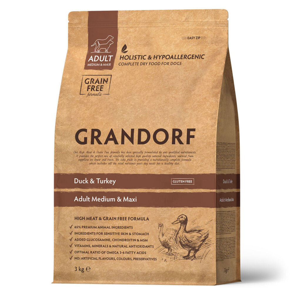 GRANDORF DOG Duck&Turkey MED&MAXI 3 кг сухой корм для собак средних и крупных пород утка с индейкой