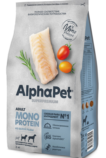 ALPHAPET SUPERPREMIUM MONOPROTEIN 2 кг сухой корм для взрослых собак средних и крупных пород из белой рыбы