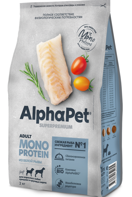 ALPHAPET SUPERPREMIUM MONOPROTEIN 2 кг сухой корм для взрослых собак средних и крупных пород из белой рыбы