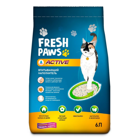 Fresh Paws Active 6 л впитывающий наполнитель для кошачьего туалета с активированным углем