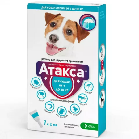 КРКА АТАКСА 1 мл от 4 до 10 кг капли на холку от блох клещей и комаров для собак мелких пород