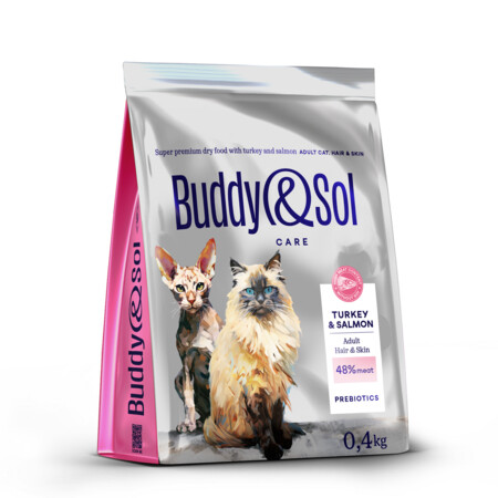 BUDDY SOL CARE ADULT HAIR & SKIN 400 гр сухой корм для взрослых кошек для здоровья кожи и шерсти с индейкой и лососем