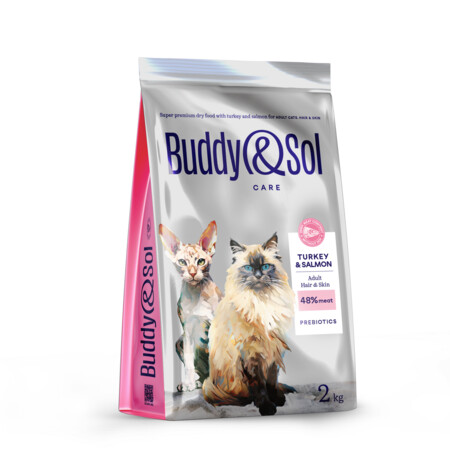 BUDDY SOL CARE ADULT HAIR & SKIN 2 кг сухой корм для взрослых кошек для здоровья кожи и шерсти с индейкой и лососем