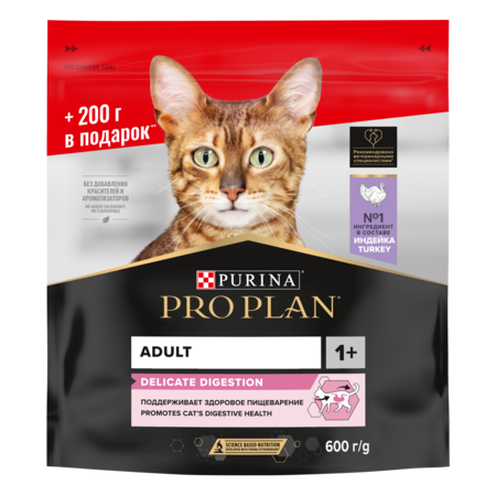 Pro Plan DELICATE DIGESTION 400 г + 200 г сухой корм для взрослых кошек с чувствительным пищеварением, с высоким содержанием индейки