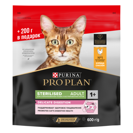Pro Plan DELICATE DIGESTION 400 г + 200 г сухой корм для взрослых стерилизованных кошек с чувствительным пищеварением, с высоким содержанием курицы