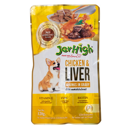 JerHigh 120 г влажный корм для собак всех пород кусочки запеченой курицы и печени в соусе