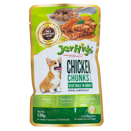 JerHigh 120 г влажный корм для собак всех пород кусочки запеченой курицы с овощами в соусе