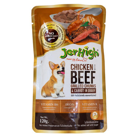 JerHigh 120 г влажный корм для собак всех пород кусочки курицы и говядины на гриле с морковью в соус