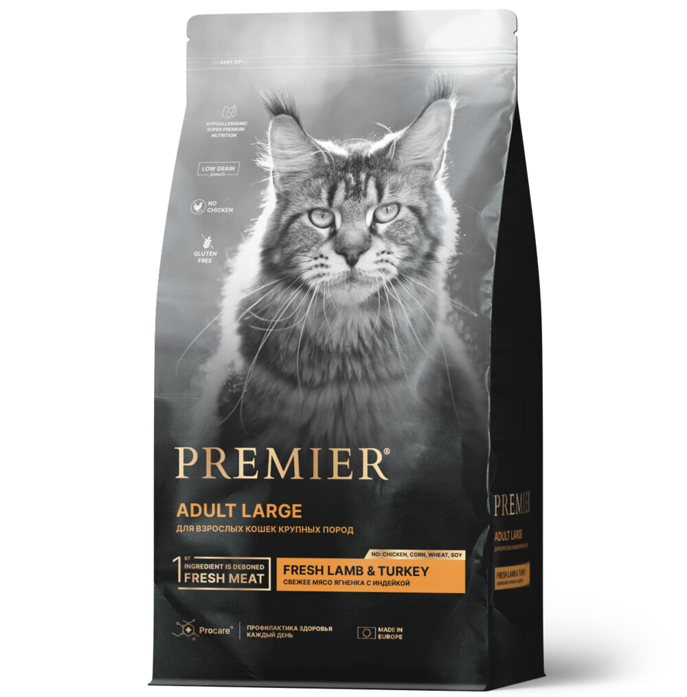 Premier Cat Lamb & Turkey ADULT LARGE 400 г сухой корм для кошек крупных пород свежее мясо ягненка с индейкой