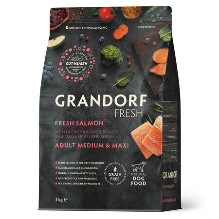 GRANDORF Fresh Dog Adult MED&MAXI Salmon&Sweet Potato 3 кг сухой корм для собак средних и крупных пород свежее филе лосося с бататом