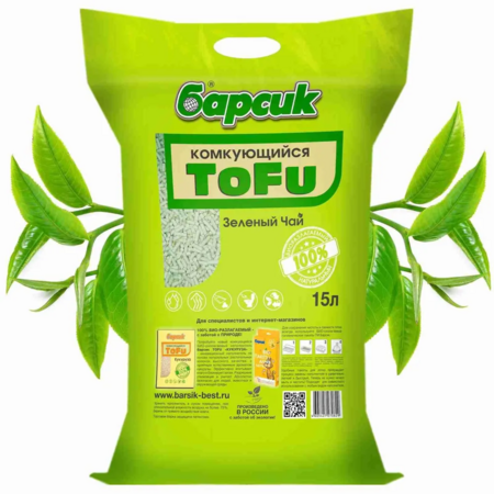 БАРСИК TOFU зелёный чай 15 л комкующийся наполнитель для кошачьих туалетов