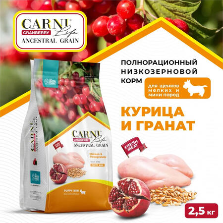 CARNI LIFE Puppy Mini 2,5 кг сухой корм для щенков мелких пород с курицей, гранатом и клюквой