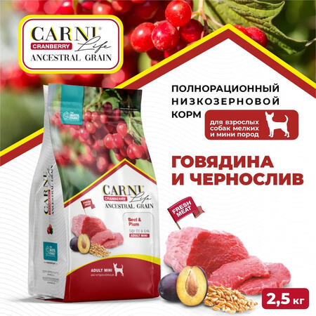 CARNI LIFE Adult Mini 2,5 кг сухой корм для взрослых собак мелких пород с говядиной, черносливом и клюквой