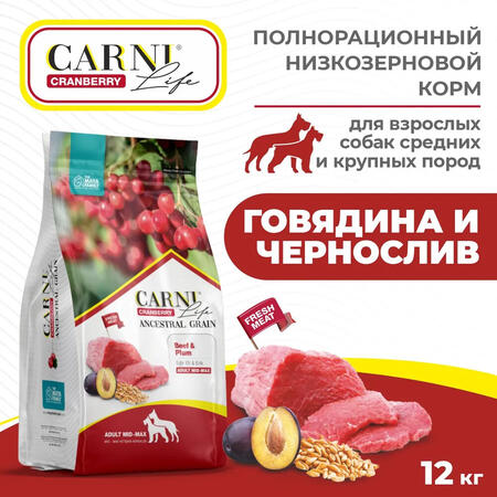 CARNI LIFE Adult MID MAX 12 кг сухой корм для взрослых собак средних и крупных пород с говядиной, черносливом и клюквой