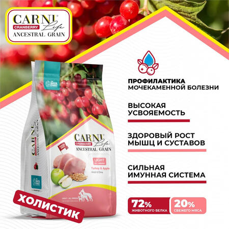 CARNI LIFE Adult Light All Breeds 12 кг сухой корм для взрослых собак всех пород для контроля веса с индейкой яблоком и клюквой