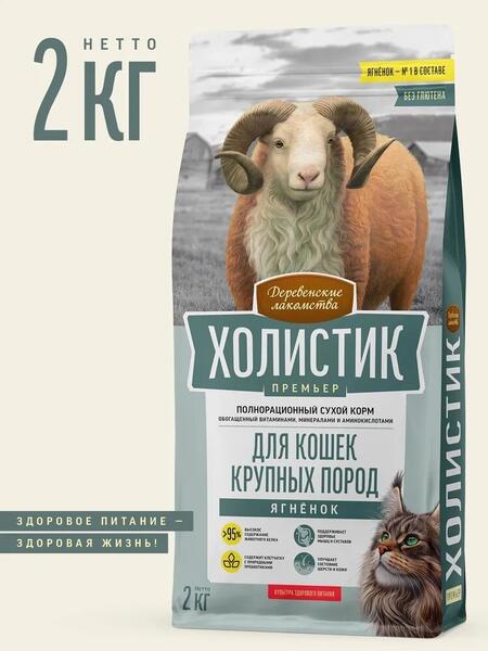 ДЕРЕВЕНСКИЕ ЛАКОМСТВА ХОЛИСТИК ПРЕМЬЕР 2 кг полнорационный сухой корм для кошек крупных пород с ягненком