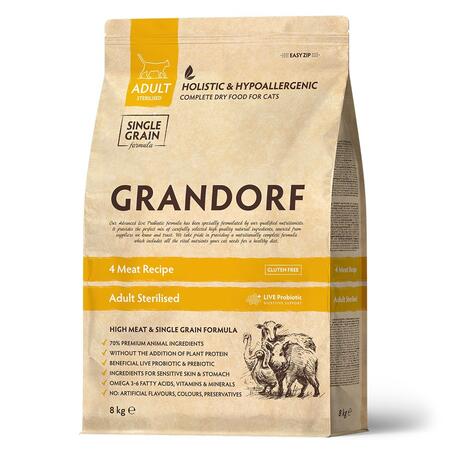 GRANDORF CAT 4 Meat PROBIOTIC STERILISED 8 кг сухой корм для стерилизованных кошек 4 мяса с пробиотиками