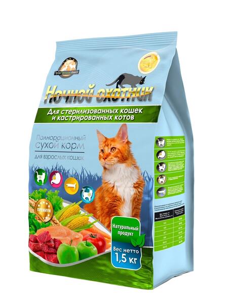 НОЧНОЙ ОХОТНИК 2 шт по 1,5 кг корм сухой для стерилизованных кошек и кастрированных котов