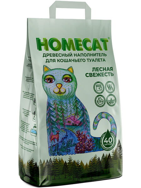 HOMECAT Лесная свежесть 2 шт по 40 л / 12 кг древесный наполнитель для кошачьих туалетов мелкие гранулы