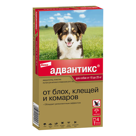 ELANCO Адвантикс 4 пипетки капли от блох, клещей и комаров для собак весом от 10 до 25 кг