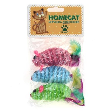 HOMECAT 3 шт 7 см игрушка для кошек мышки полосатые с пером гремящие